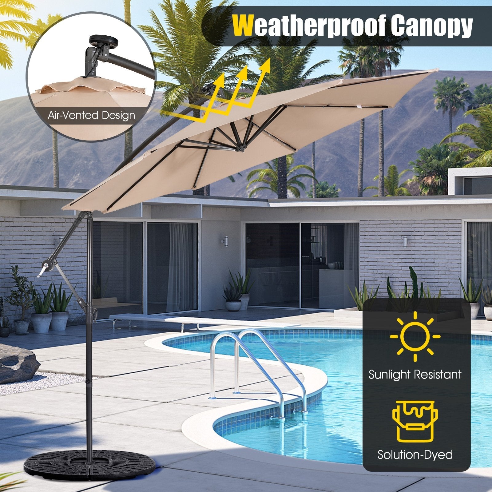 10 Feet Patio Solar Powered Cantilever Umbrella with Tilting System, Beige Outdoor Umbrellas   at Gallery Canada