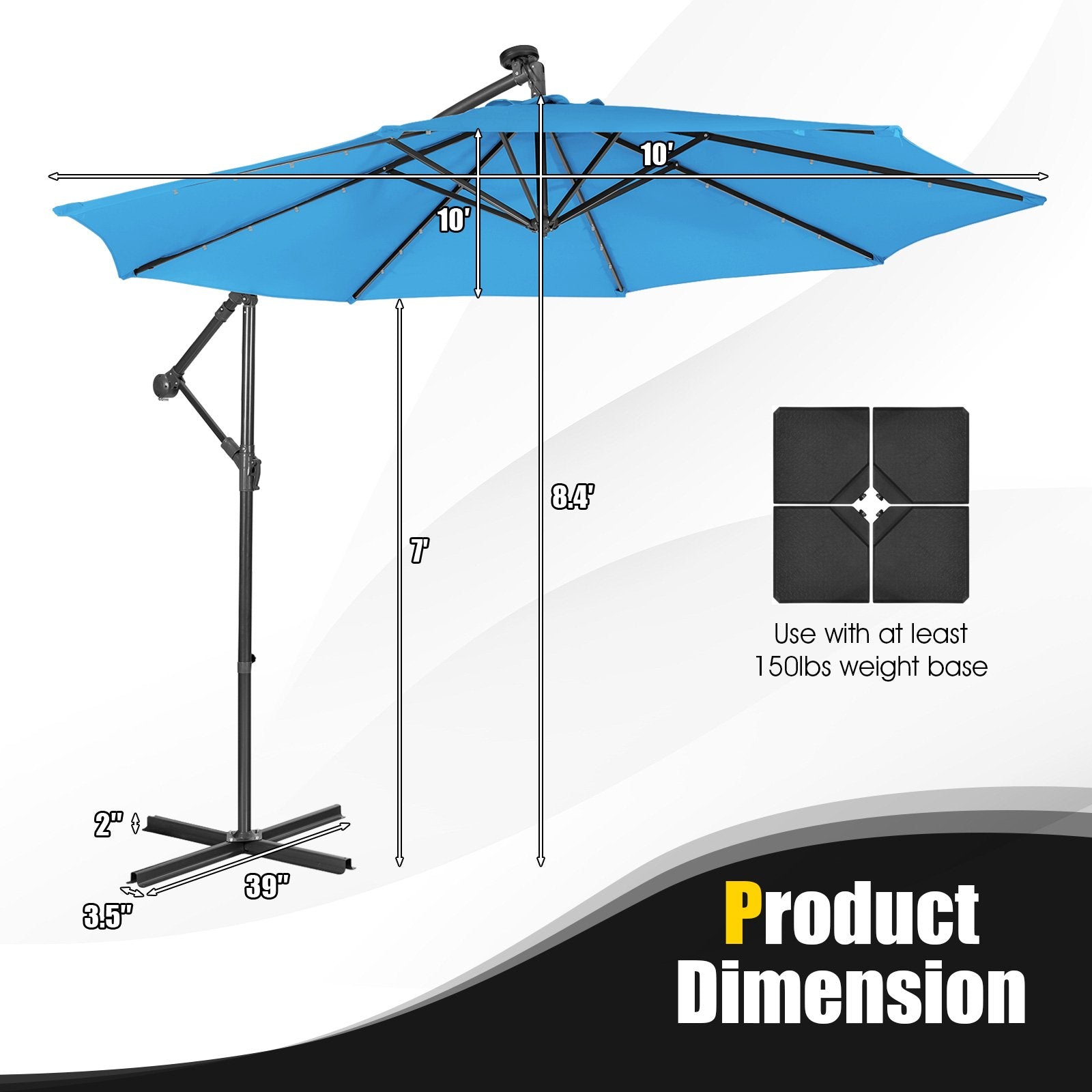 10 Feet Patio Solar Powered Cantilever Umbrella with Tilting System, Blue Outdoor Umbrellas   at Gallery Canada