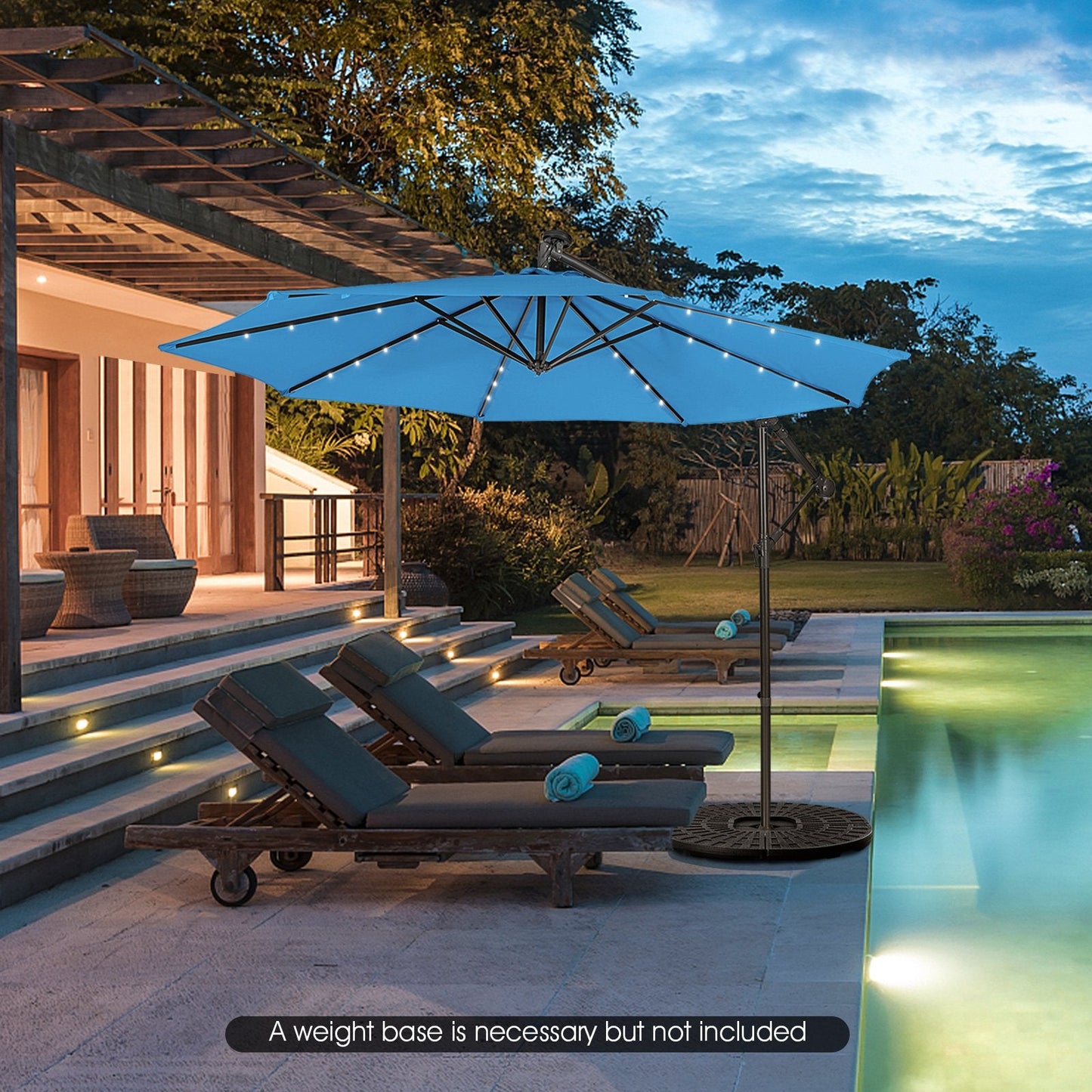 10 Feet Patio Solar Powered Cantilever Umbrella with Tilting System, Blue Outdoor Umbrellas   at Gallery Canada