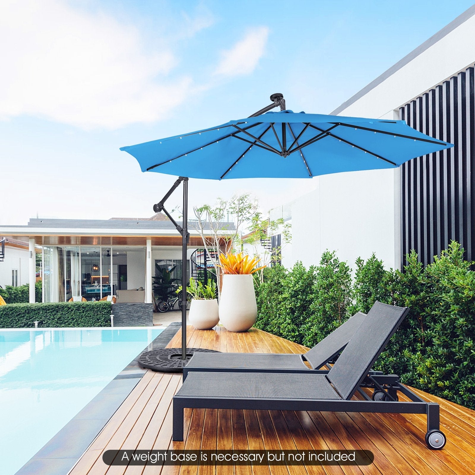 10 Feet Patio Solar Powered Cantilever Umbrella with Tilting System, Blue Outdoor Umbrellas   at Gallery Canada