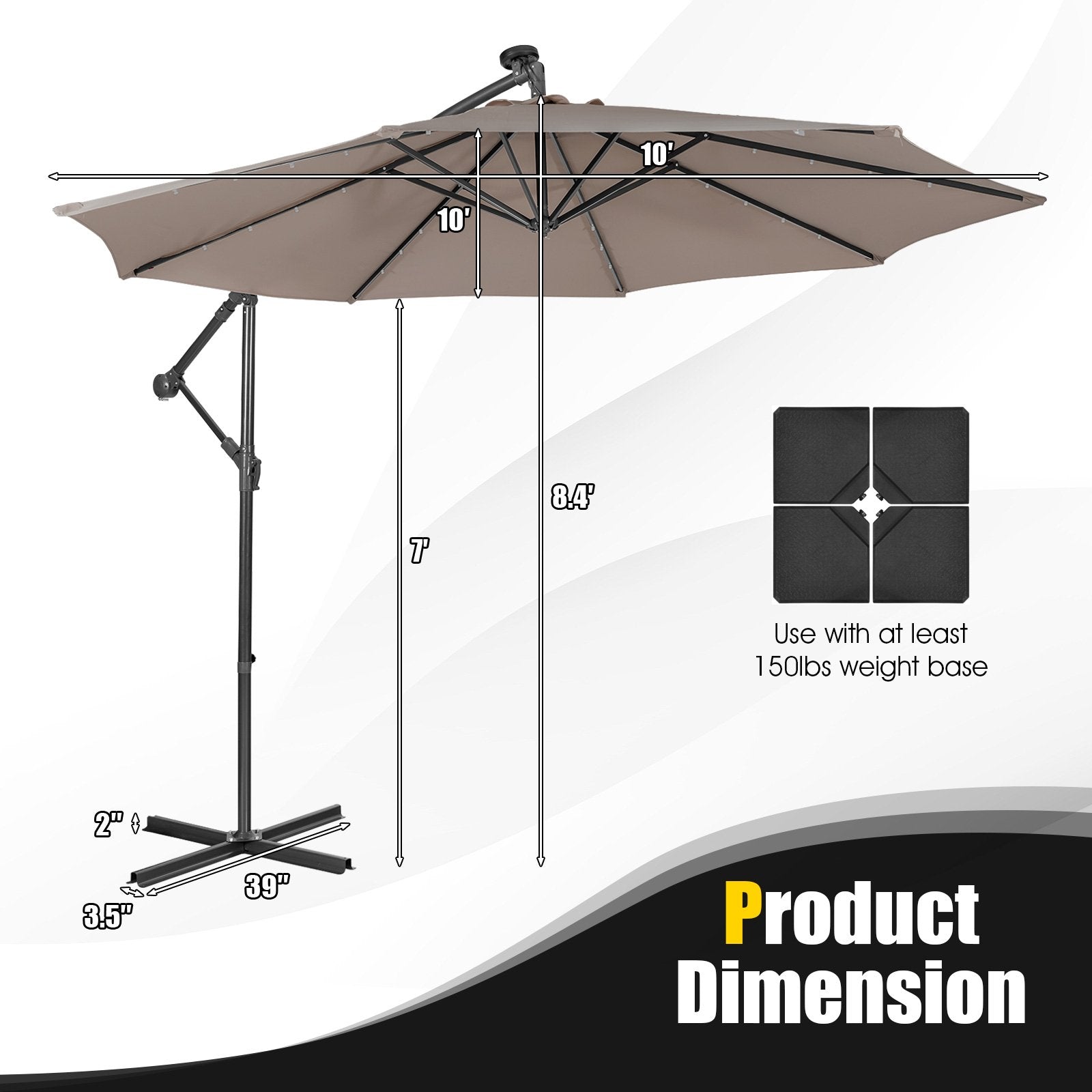 10 Feet Patio Solar Powered Cantilever Umbrella with Tilting System, Brown Outdoor Umbrellas   at Gallery Canada