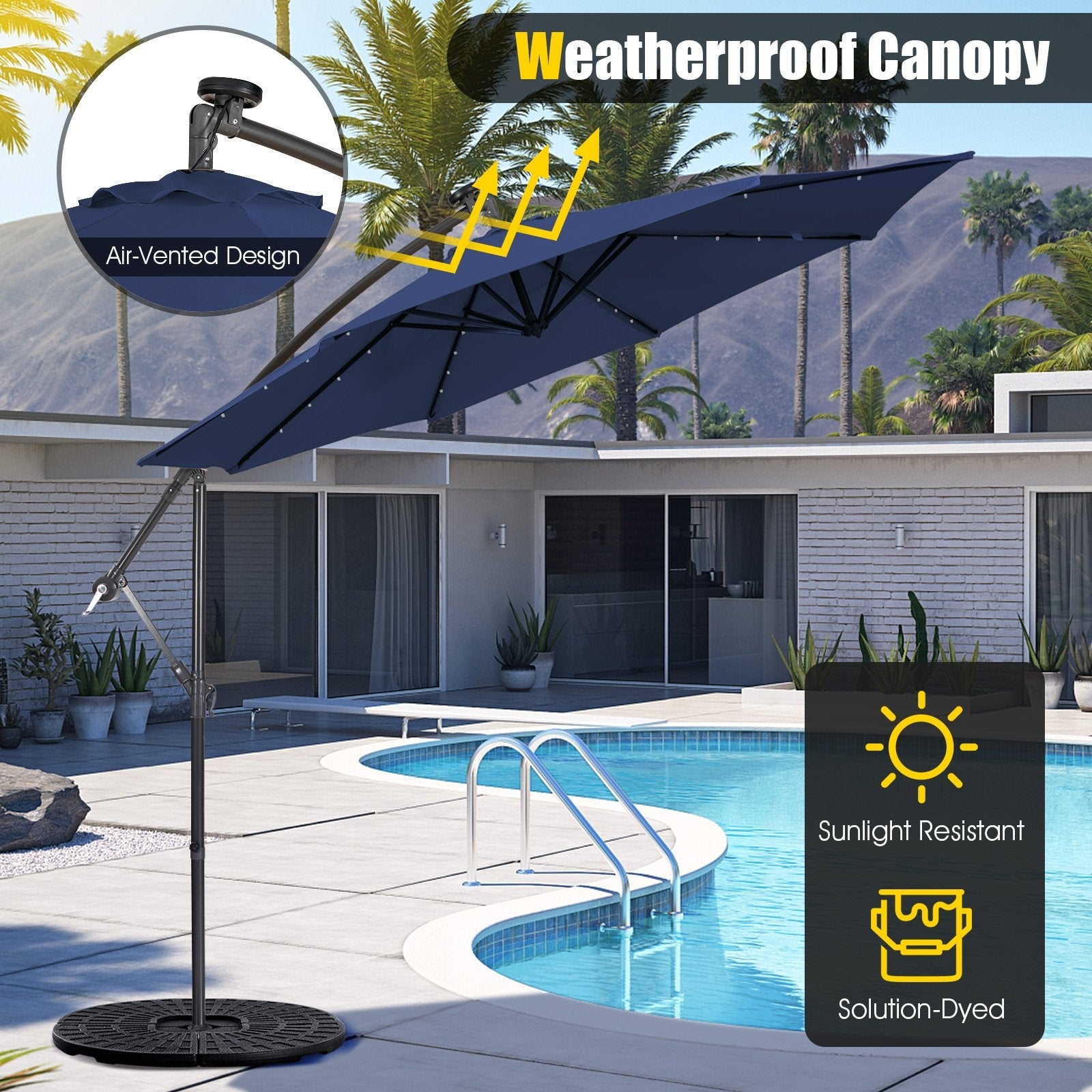 10 Feet Patio Solar Powered Cantilever Umbrella with Tilting System, Navy Outdoor Umbrellas   at Gallery Canada