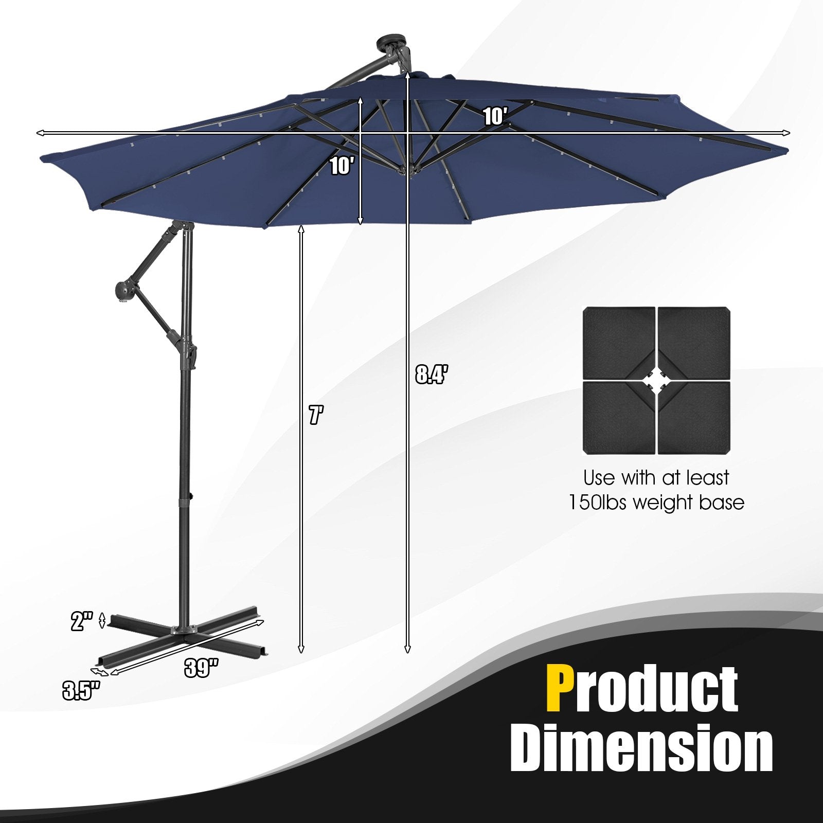 10 Feet Patio Solar Powered Cantilever Umbrella with Tilting System, Navy Outdoor Umbrellas   at Gallery Canada