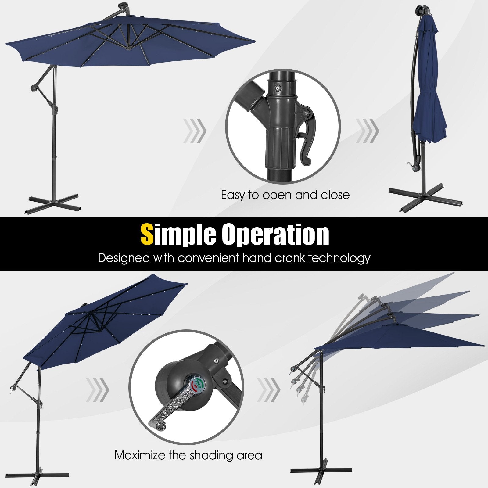 10 Feet Patio Solar Powered Cantilever Umbrella with Tilting System, Navy Outdoor Umbrellas   at Gallery Canada