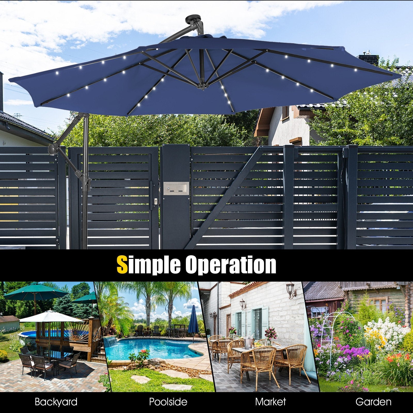 10 Feet Patio Solar Powered Cantilever Umbrella with Tilting System, Navy Outdoor Umbrellas   at Gallery Canada