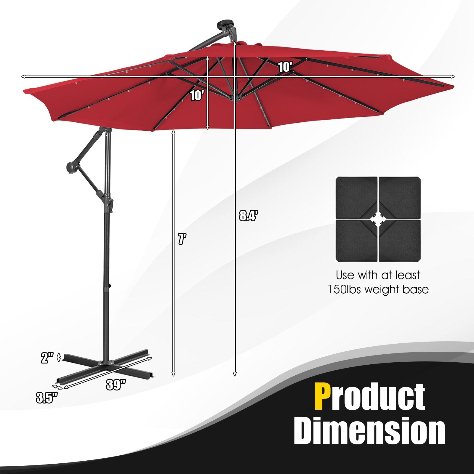 10 Feet Patio Solar Powered Cantilever Umbrella with Tilting System, Red Outdoor Umbrellas   at Gallery Canada