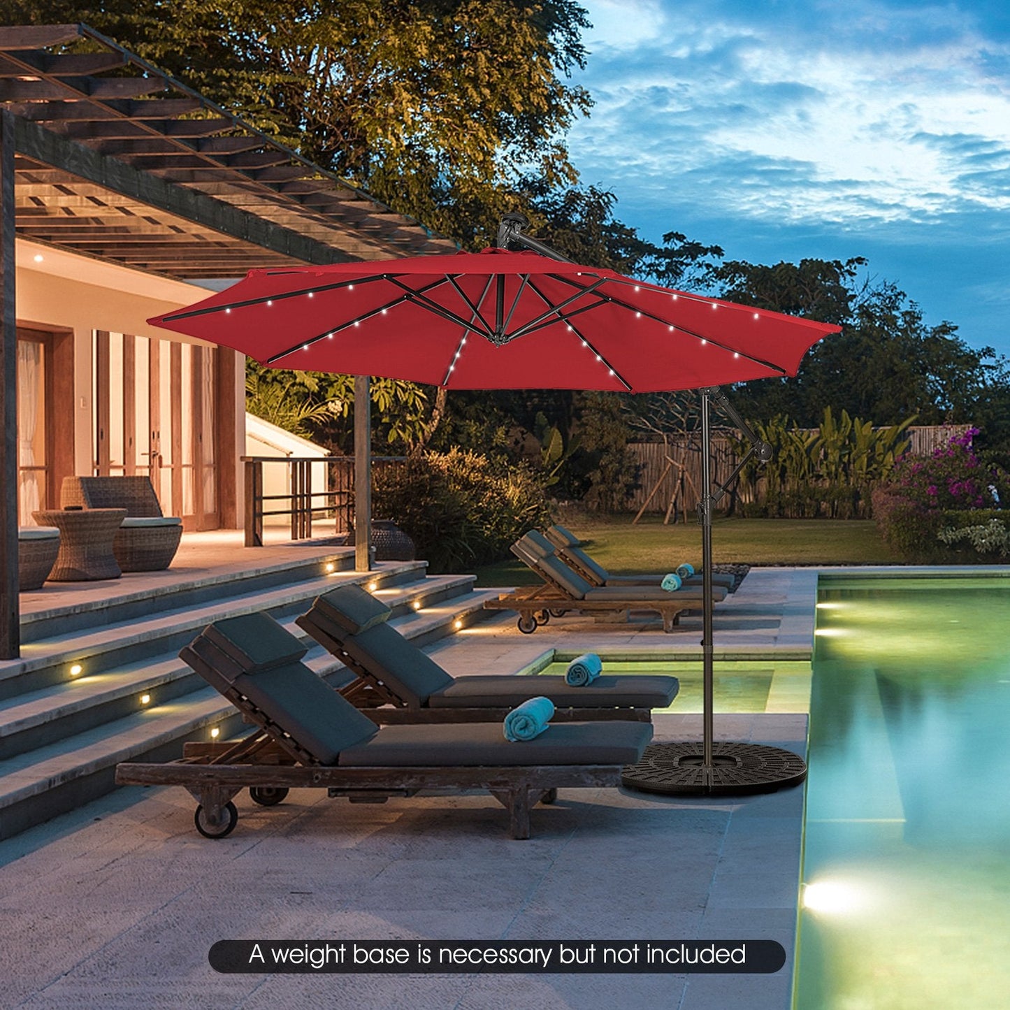 10 Feet Patio Solar Powered Cantilever Umbrella with Tilting System, Red Outdoor Umbrellas   at Gallery Canada