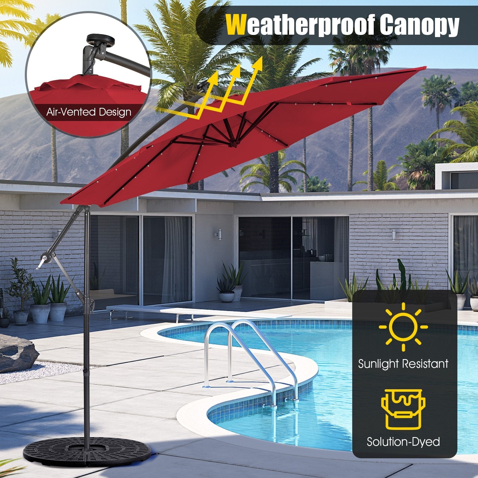 10 Feet Patio Solar Powered Cantilever Umbrella with Tilting System, Red Outdoor Umbrellas   at Gallery Canada