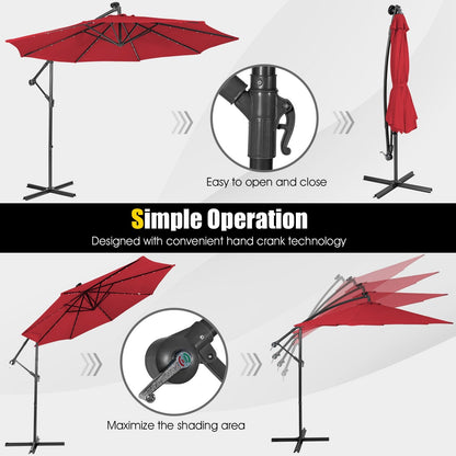 10 Feet Patio Solar Powered Cantilever Umbrella with Tilting System, Red Outdoor Umbrellas   at Gallery Canada