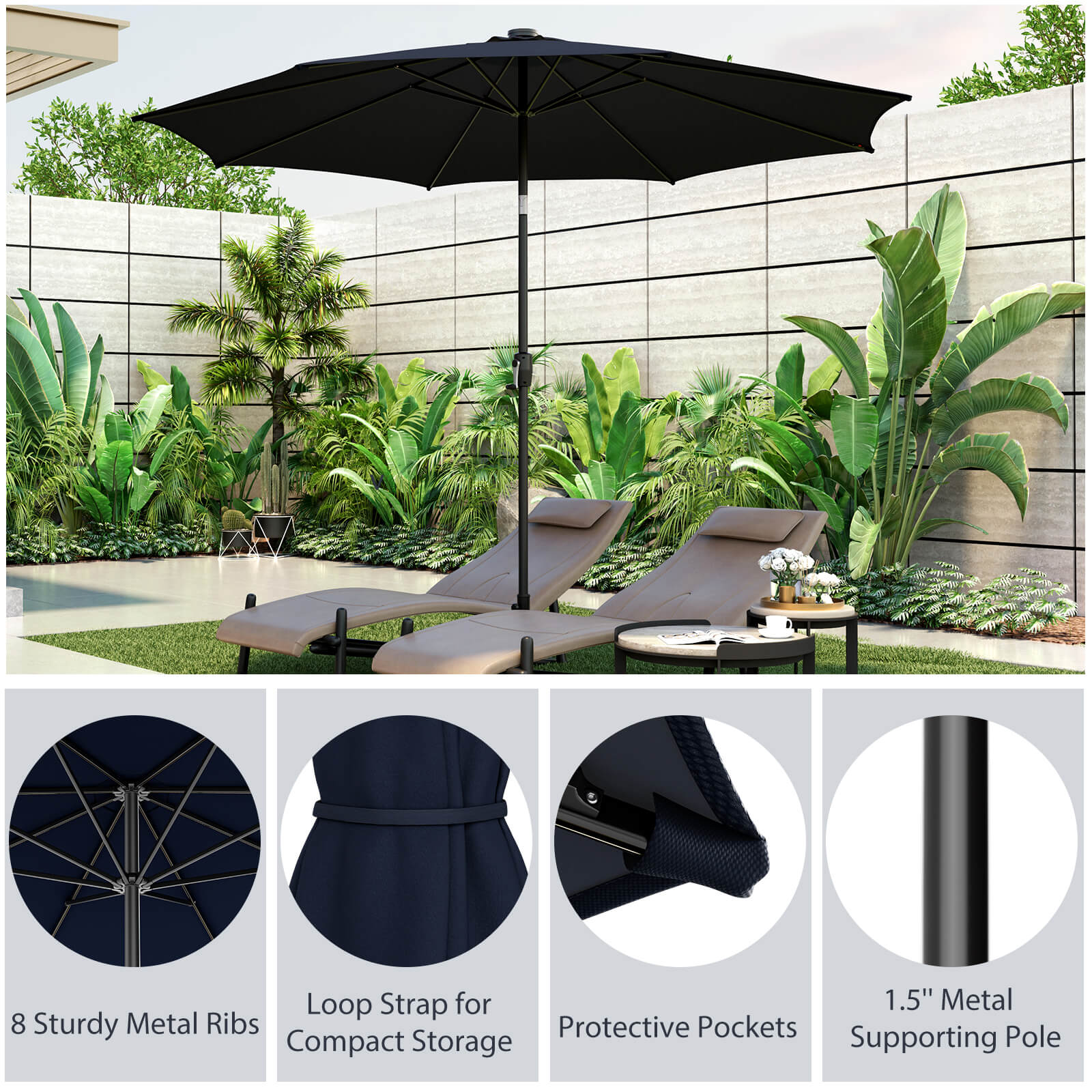 10 Feet Patio Umbrella with 112 Solar Lights and Crank Handle, Navy Outdoor Umbrellas   at Gallery Canada