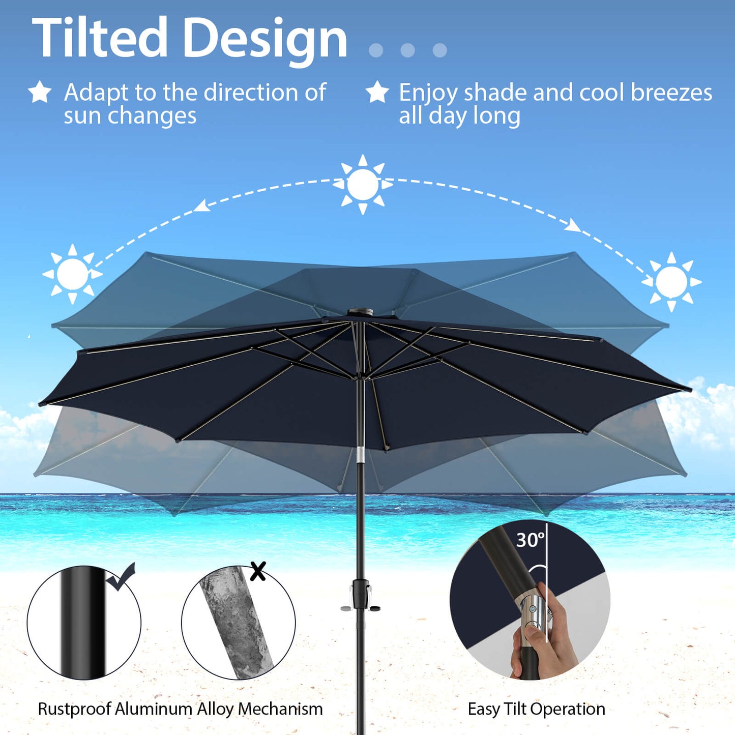 10 Feet Patio Umbrella with 112 Solar Lights and Crank Handle, Navy Outdoor Umbrellas   at Gallery Canada