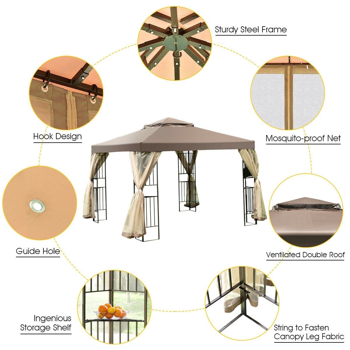 10 Feet x 10 Feet Awning Patio Screw-free Structure Canopy Tent, Brown Gazebos   at Gallery Canada