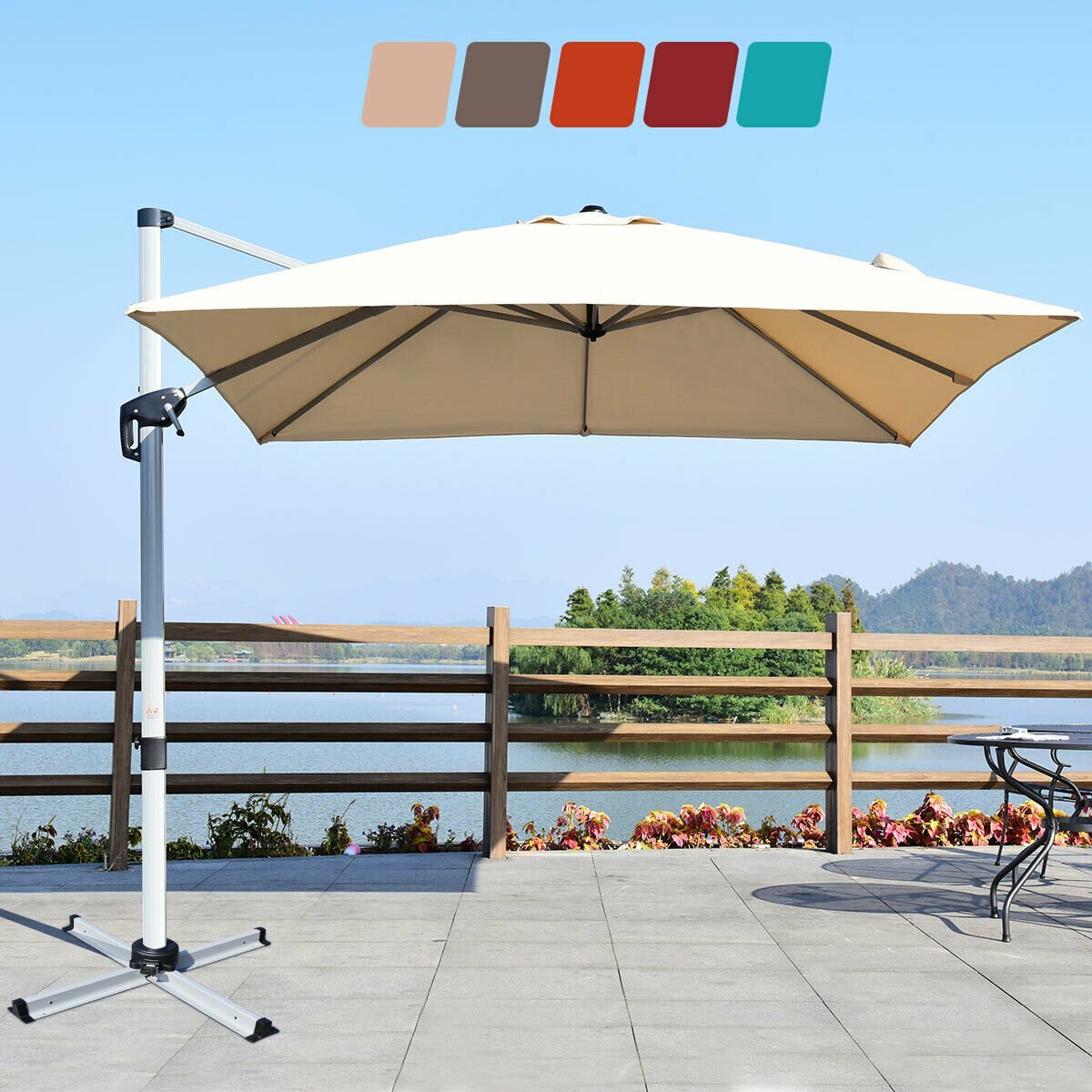 10 ft 360 Degree Tilt Aluminum Square Patio Offset Cantilever Umbrella without Weight Base, Beige Outdoor Umbrellas   at Gallery Canada