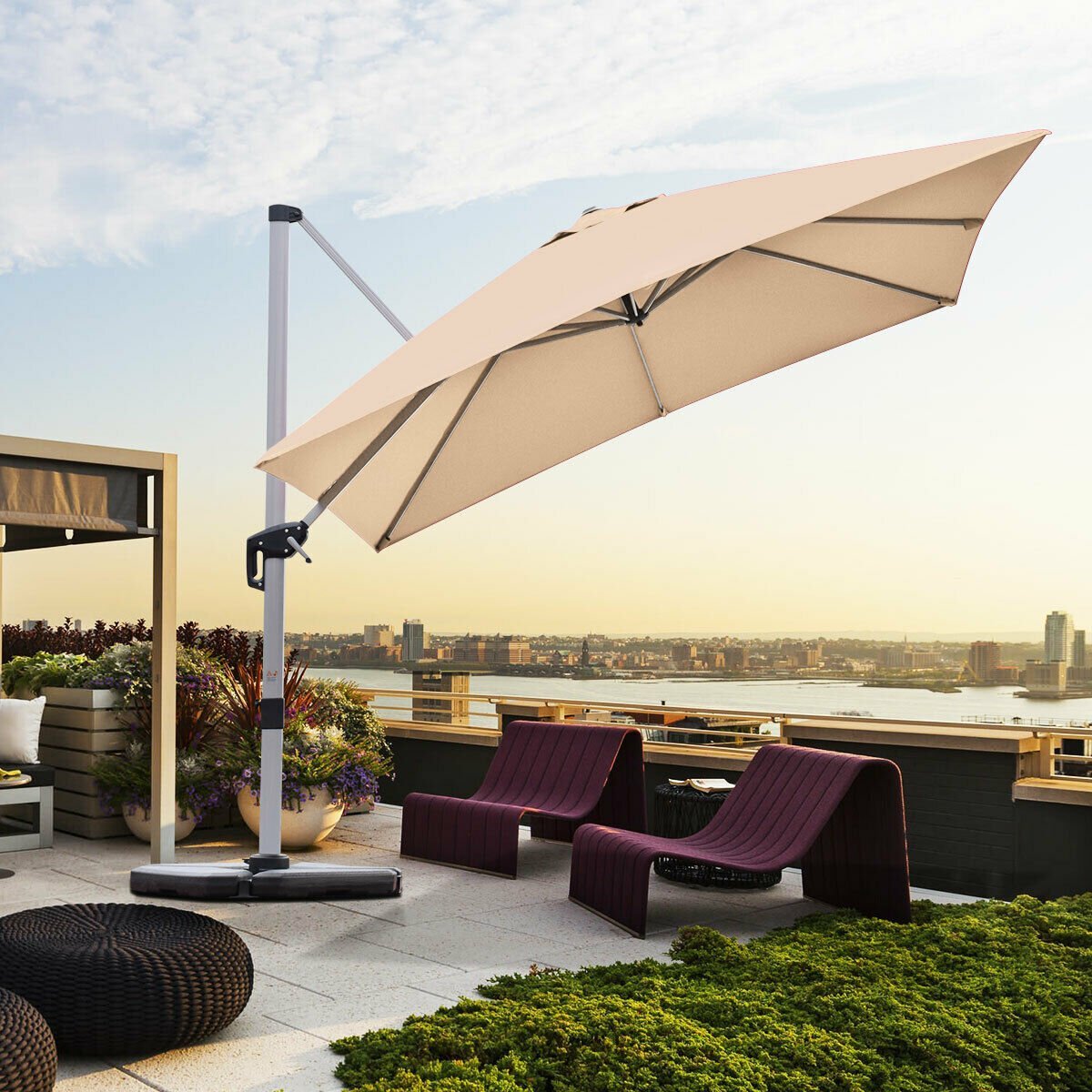 10 ft 360 Degree Tilt Aluminum Square Patio Offset Cantilever Umbrella without Weight Base, Beige Outdoor Umbrellas   at Gallery Canada