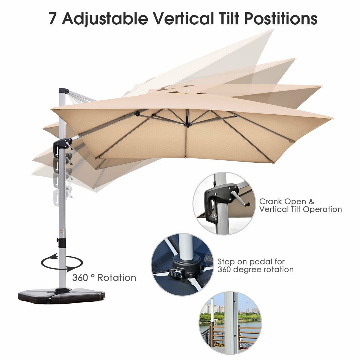 10 ft 360 Degree Tilt Aluminum Square Patio Offset Cantilever Umbrella without Weight Base, Beige Outdoor Umbrellas   at Gallery Canada