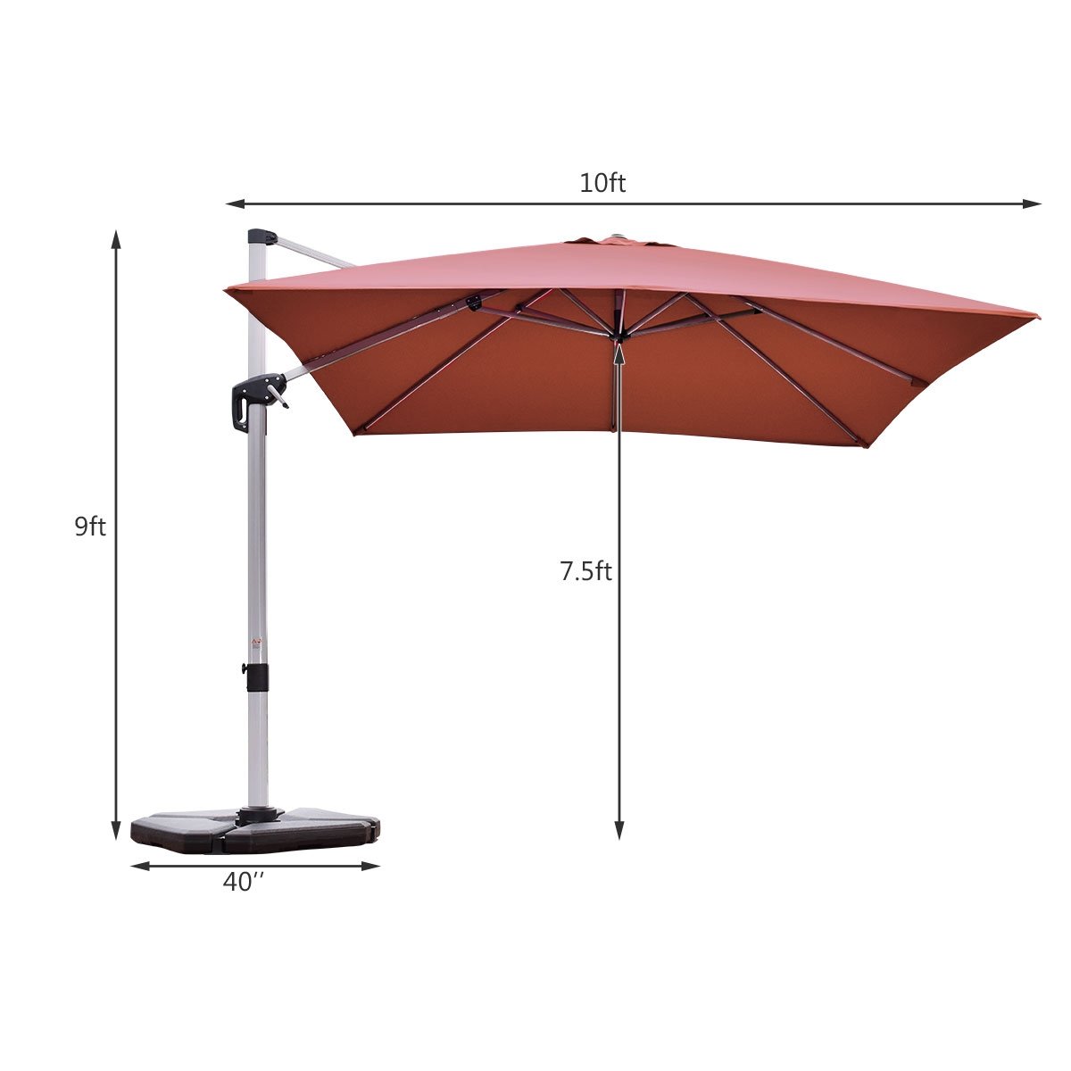 10 ft 360 Degree Tilt Aluminum Square Patio Offset Cantilever Umbrella without Weight Base-Brick red, Brick Red Outdoor Umbrellas   at Gallery Canada