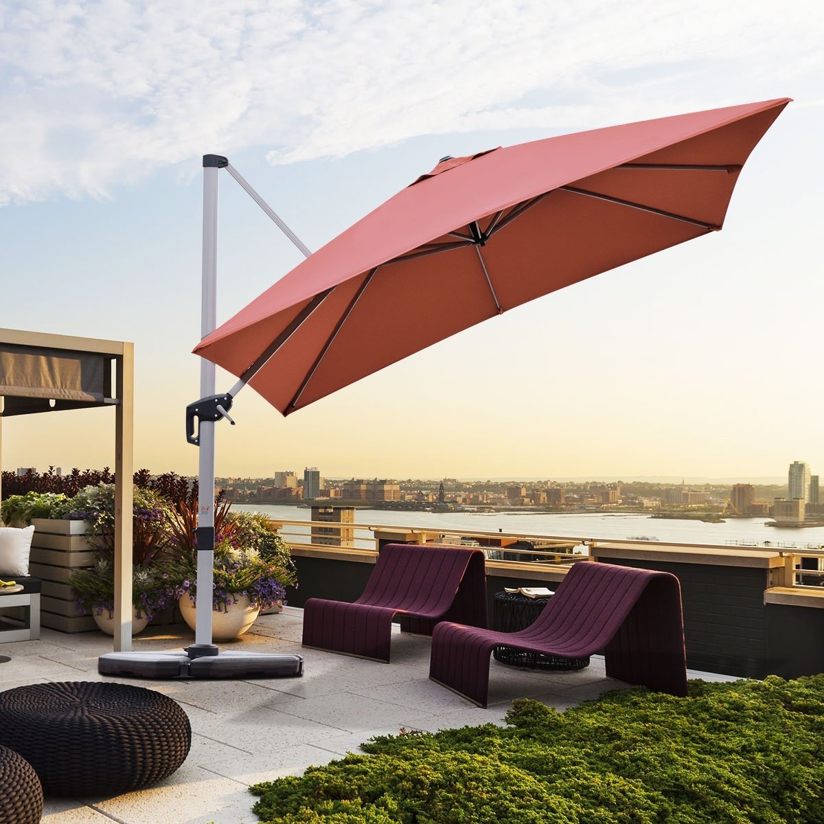 10 ft 360 Degree Tilt Aluminum Square Patio Offset Cantilever Umbrella without Weight Base-Brick red, Brick Red Outdoor Umbrellas   at Gallery Canada