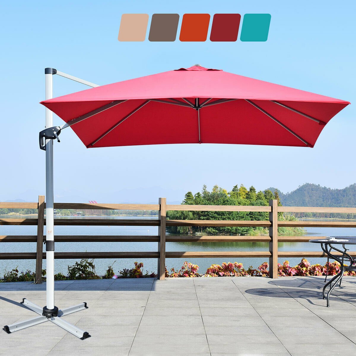 10 ft 360 Degree Tilt Aluminum Square Patio Offset Cantilever Umbrella without Weight Base, Burgundy Outdoor Umbrellas   at Gallery Canada