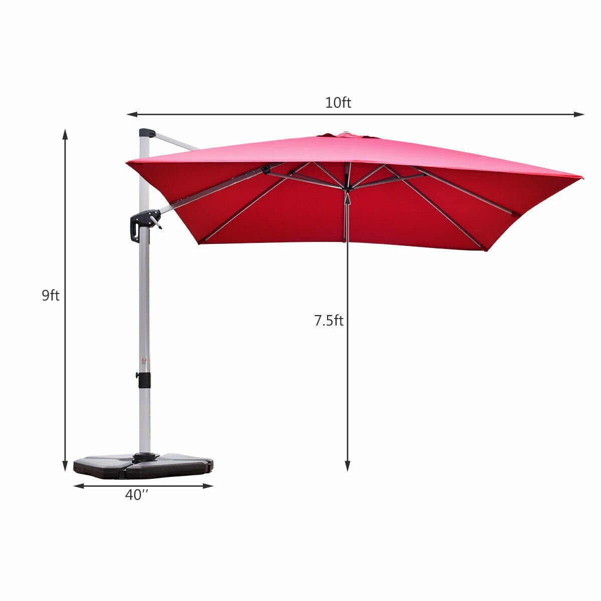 10 ft 360 Degree Tilt Aluminum Square Patio Offset Cantilever Umbrella without Weight Base, Burgundy Outdoor Umbrellas   at Gallery Canada