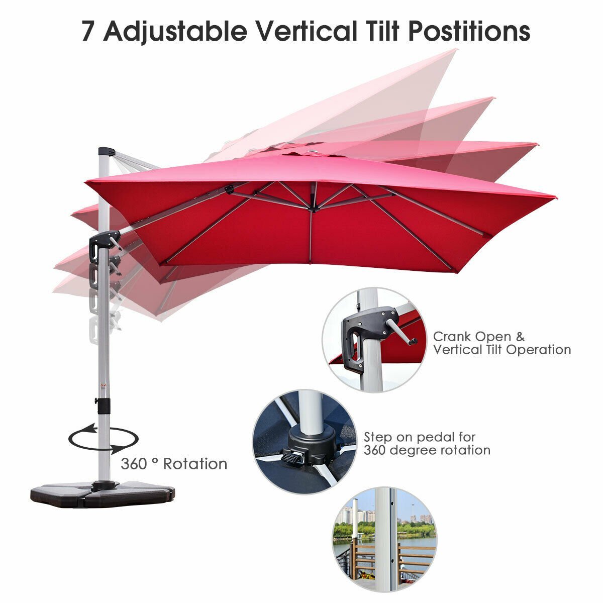 10 ft 360 Degree Tilt Aluminum Square Patio Offset Cantilever Umbrella without Weight Base, Burgundy Outdoor Umbrellas   at Gallery Canada