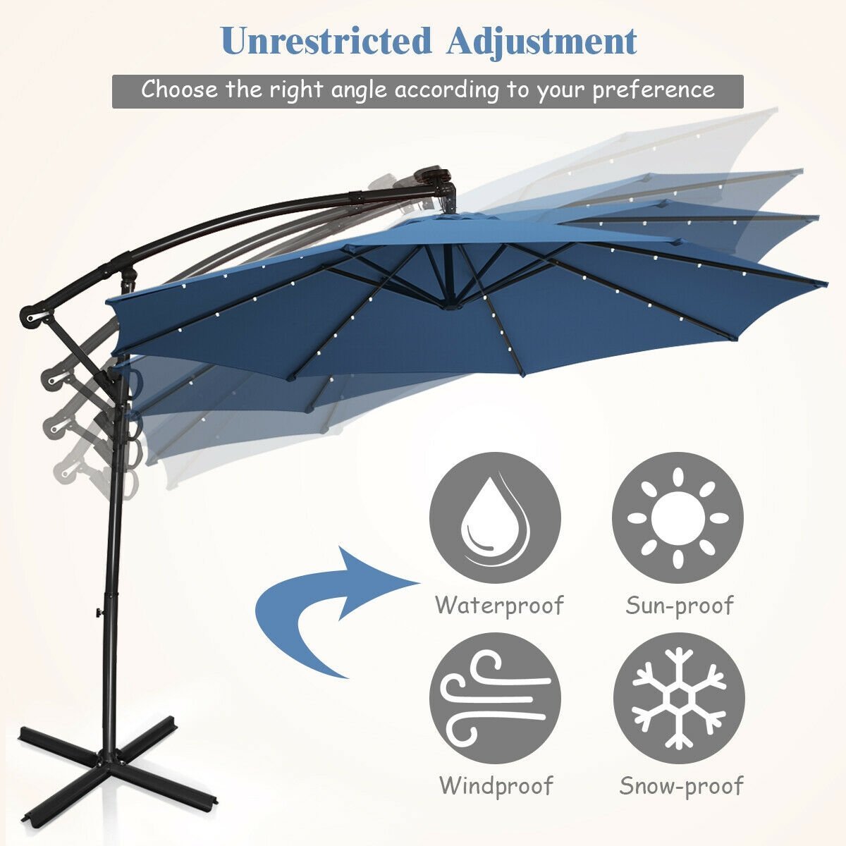 10 ft 360° Rotation Solar Powered LED Patio Offset Umbrella without Weight Base, Blue Outdoor Umbrellas   at Gallery Canada