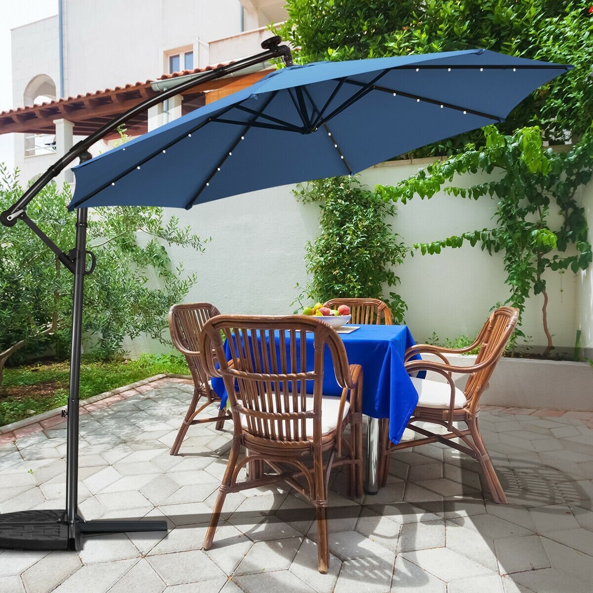 10 ft 360° Rotation Solar Powered LED Patio Offset Umbrella without Weight Base, Blue Outdoor Umbrellas   at Gallery Canada