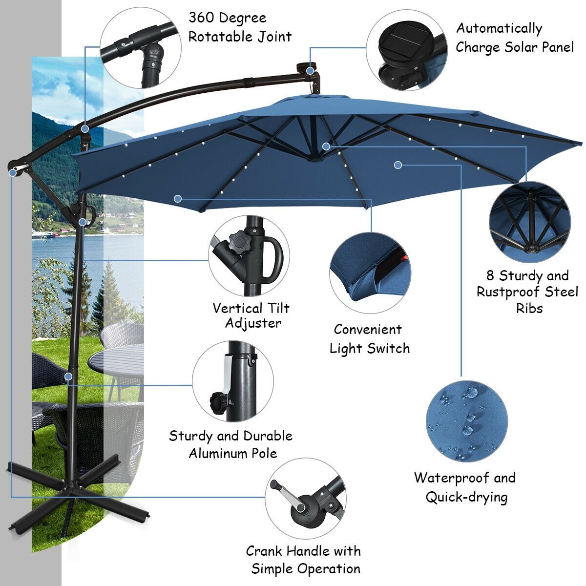 10 ft 360° Rotation Solar Powered LED Patio Offset Umbrella without Weight Base, Blue Outdoor Umbrellas   at Gallery Canada