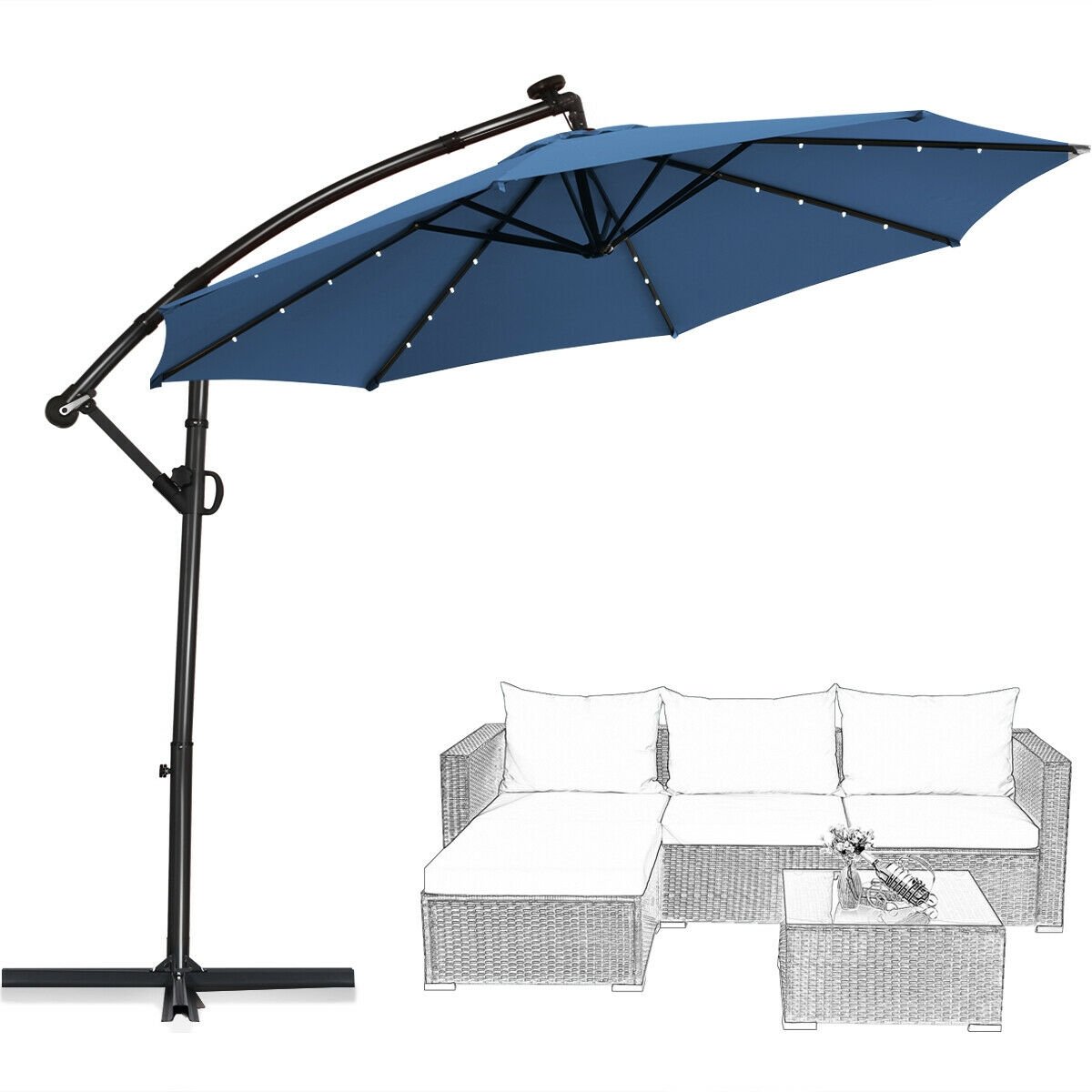 10 ft 360° Rotation Solar Powered LED Patio Offset Umbrella without Weight Base, Blue Outdoor Umbrellas   at Gallery Canada