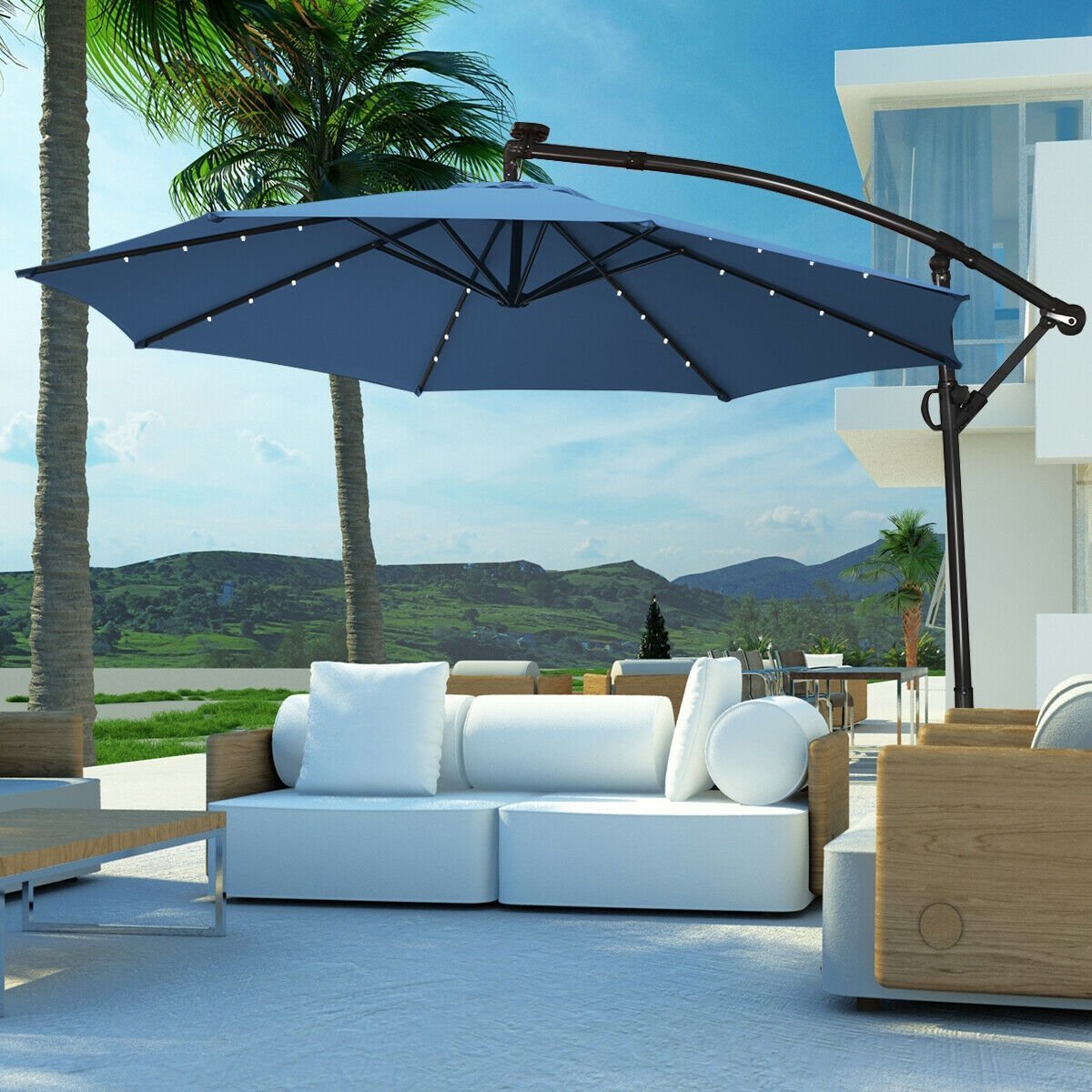 10 ft 360° Rotation Solar Powered LED Patio Offset Umbrella without Weight Base, Blue Outdoor Umbrellas   at Gallery Canada