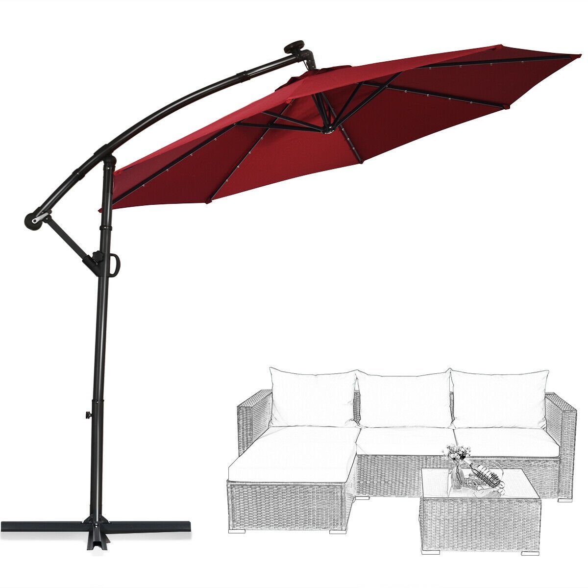 10 ft 360° Rotation Solar Powered LED Patio Offset Umbrella without Weight Base, Dark Red Outdoor Umbrellas   at Gallery Canada