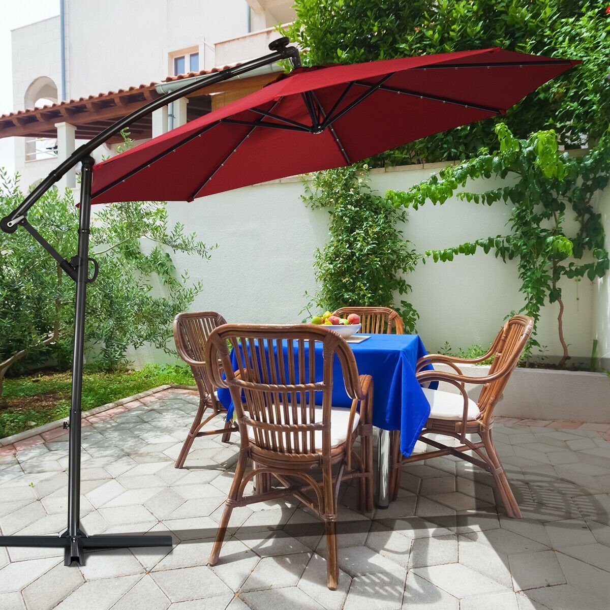 10 ft 360° Rotation Solar Powered LED Patio Offset Umbrella without Weight Base, Dark Red Outdoor Umbrellas   at Gallery Canada