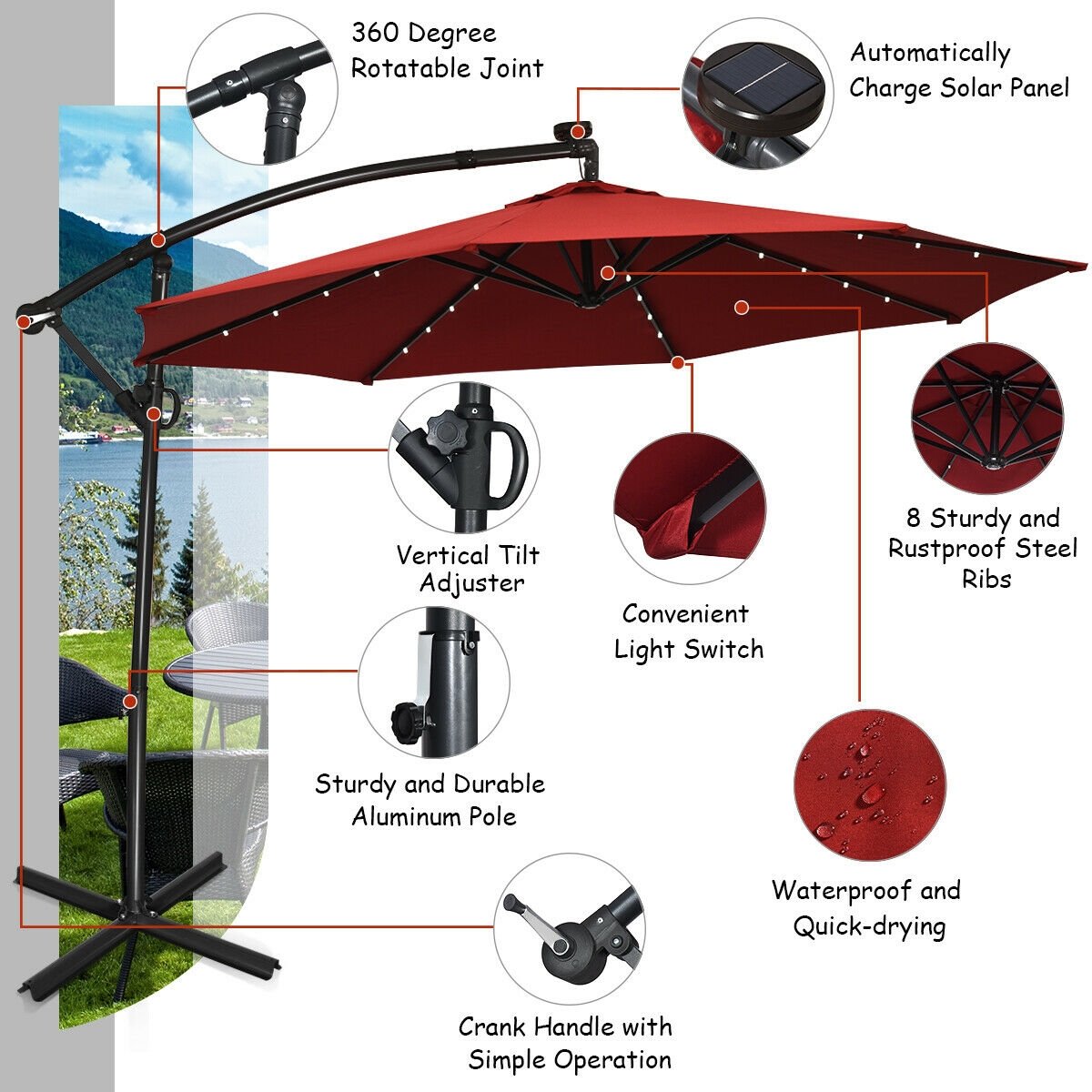 10 ft 360° Rotation Solar Powered LED Patio Offset Umbrella without Weight Base, Dark Red Outdoor Umbrellas   at Gallery Canada