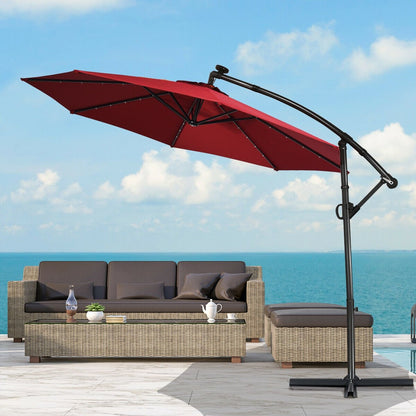 10 ft 360° Rotation Solar Powered LED Patio Offset Umbrella without Weight Base, Dark Red Outdoor Umbrellas   at Gallery Canada