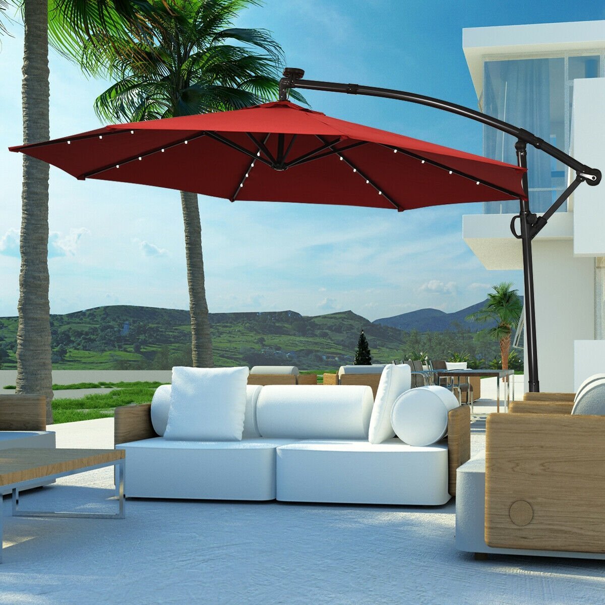 10 ft 360° Rotation Solar Powered LED Patio Offset Umbrella without Weight Base, Dark Red Outdoor Umbrellas   at Gallery Canada