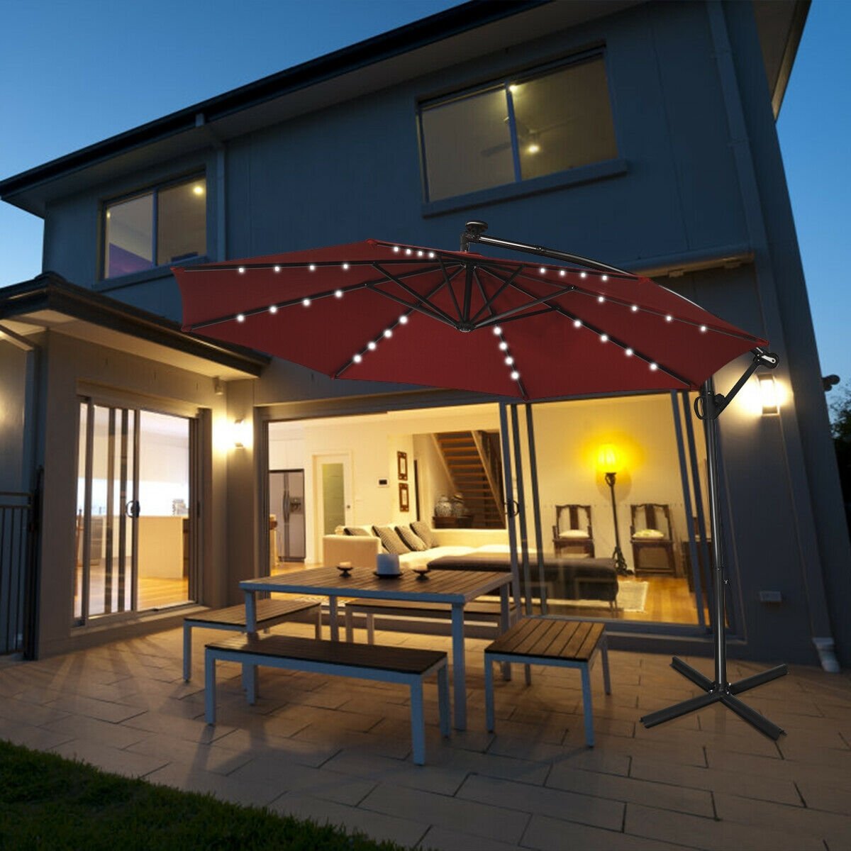 10 ft 360° Rotation Solar Powered LED Patio Offset Umbrella without Weight Base, Dark Red Outdoor Umbrellas   at Gallery Canada