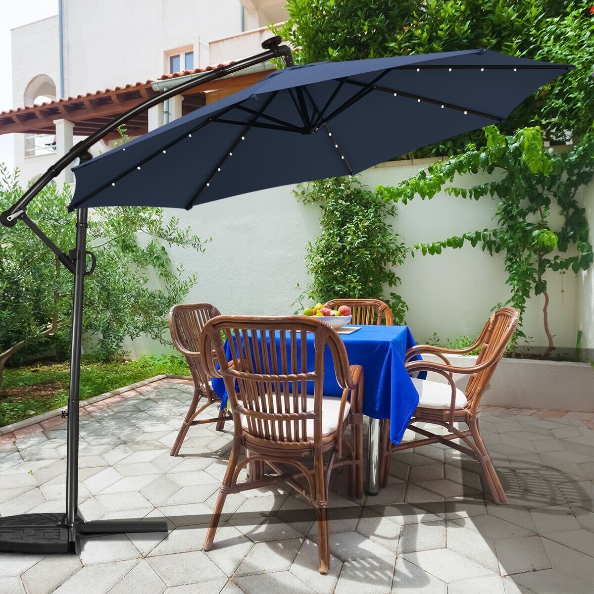 10 FT 360° Rotation Solar Powered LED Patio Offset Umbrella without Weight Base, Navy Outdoor Umbrellas   at Gallery Canada