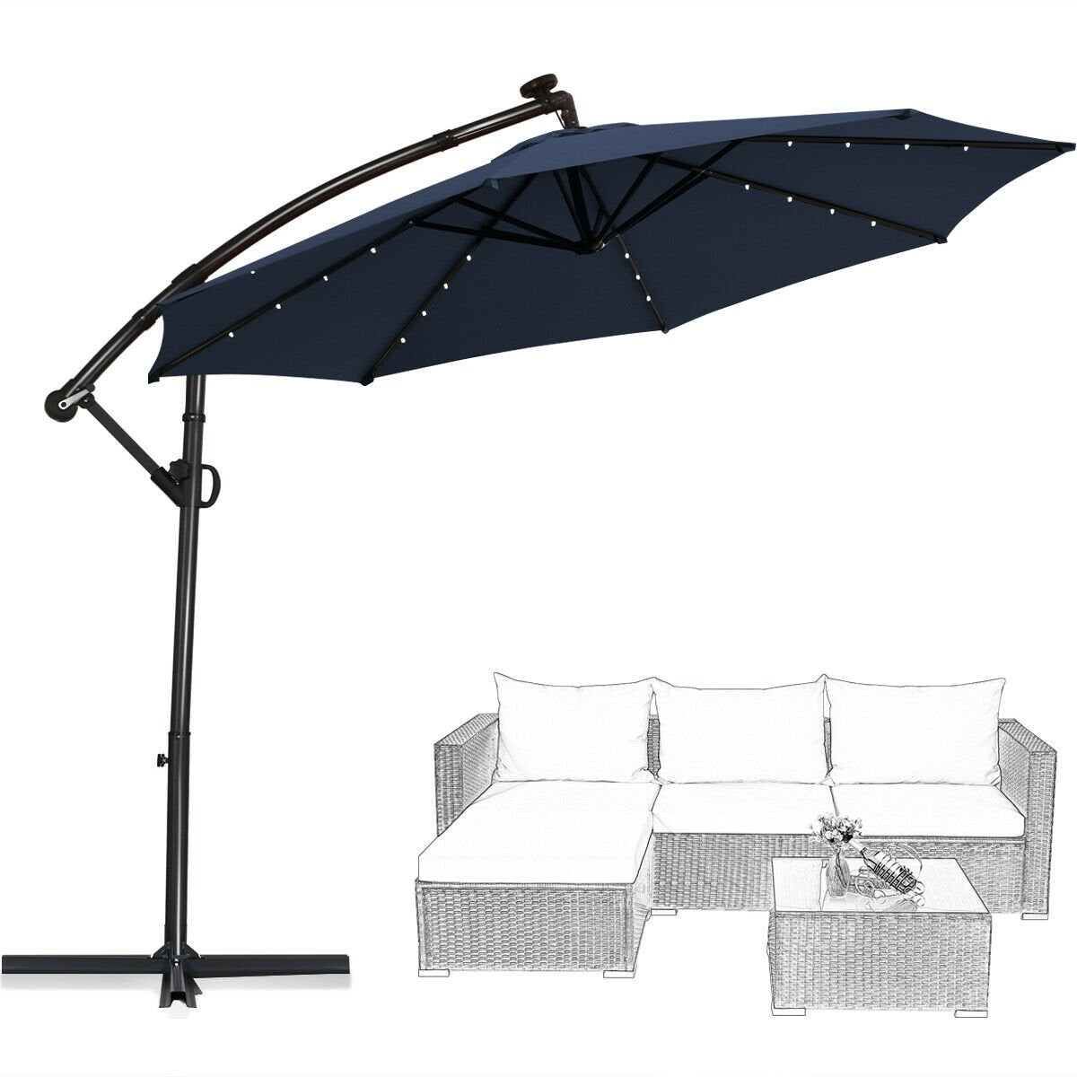 10 FT 360° Rotation Solar Powered LED Patio Offset Umbrella without Weight Base, Navy Outdoor Umbrellas   at Gallery Canada