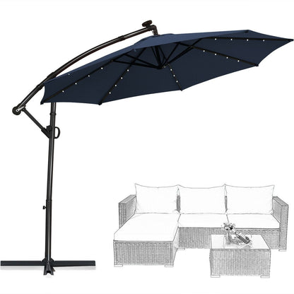 10 FT 360° Rotation Solar Powered LED Patio Offset Umbrella without Weight Base, Navy Outdoor Umbrellas   at Gallery Canada