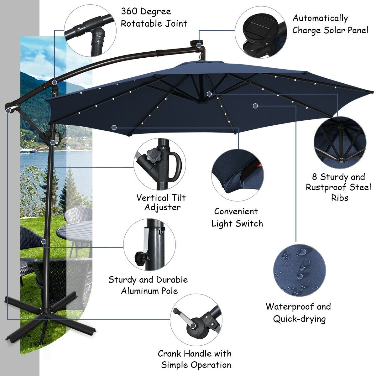 10 FT 360° Rotation Solar Powered LED Patio Offset Umbrella without Weight Base, Navy Outdoor Umbrellas   at Gallery Canada