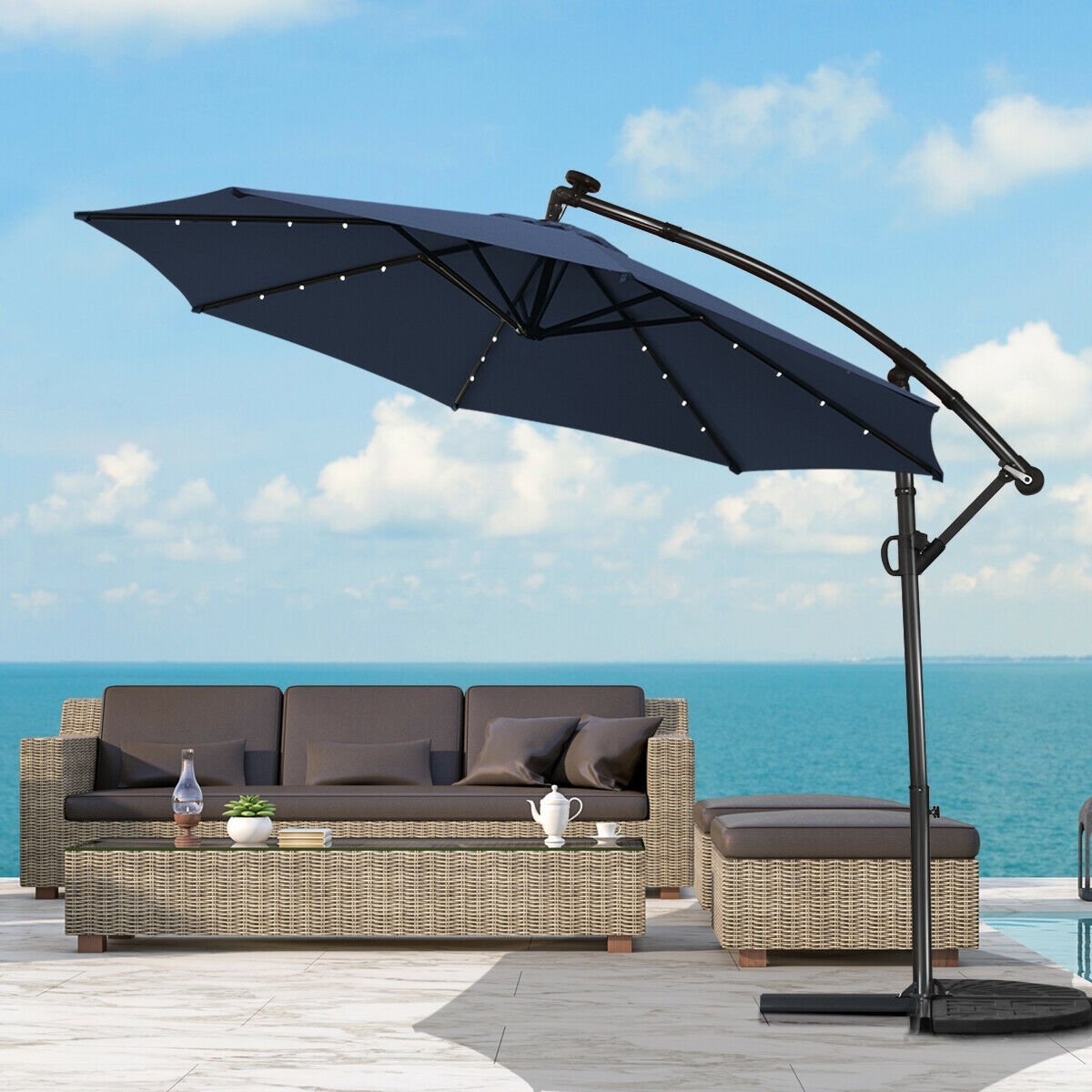 10 FT 360° Rotation Solar Powered LED Patio Offset Umbrella without Weight Base, Navy Outdoor Umbrellas   at Gallery Canada