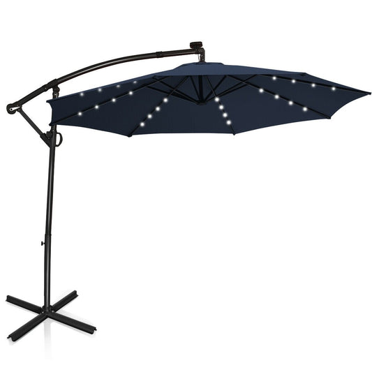 10 FT 360° Rotation Solar Powered LED Patio Offset Umbrella without Weight Base, Navy Outdoor Umbrellas   at Gallery Canada