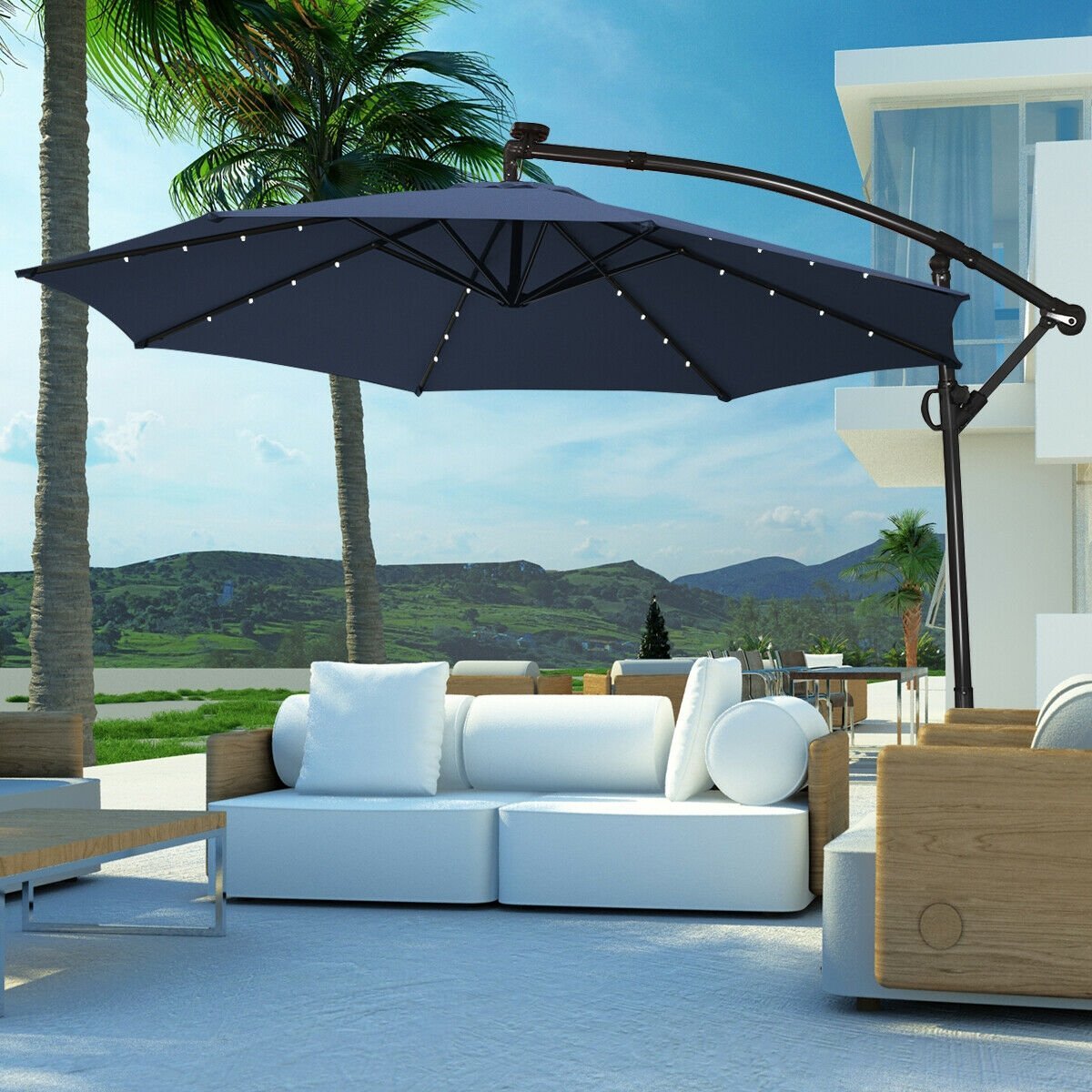 10 FT 360° Rotation Solar Powered LED Patio Offset Umbrella without Weight Base, Navy Outdoor Umbrellas   at Gallery Canada