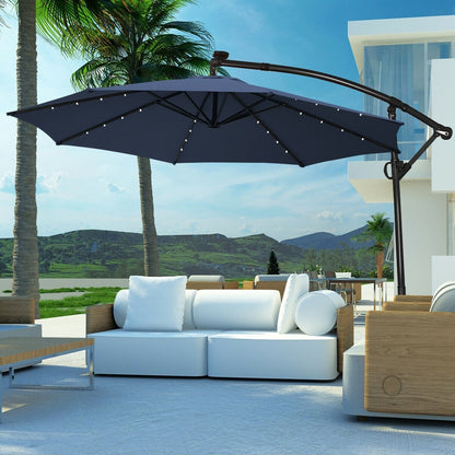 10 FT 360° Rotation Solar Powered LED Patio Offset Umbrella without Weight Base, Navy Outdoor Umbrellas   at Gallery Canada