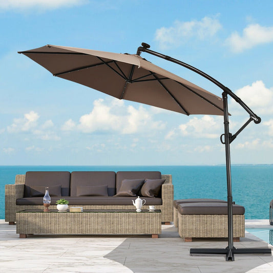 10 ft 360° Rotation Solar Powered LED Patio Offset Umbrella without Weight Base, Tan Outdoor Umbrellas   at Gallery Canada