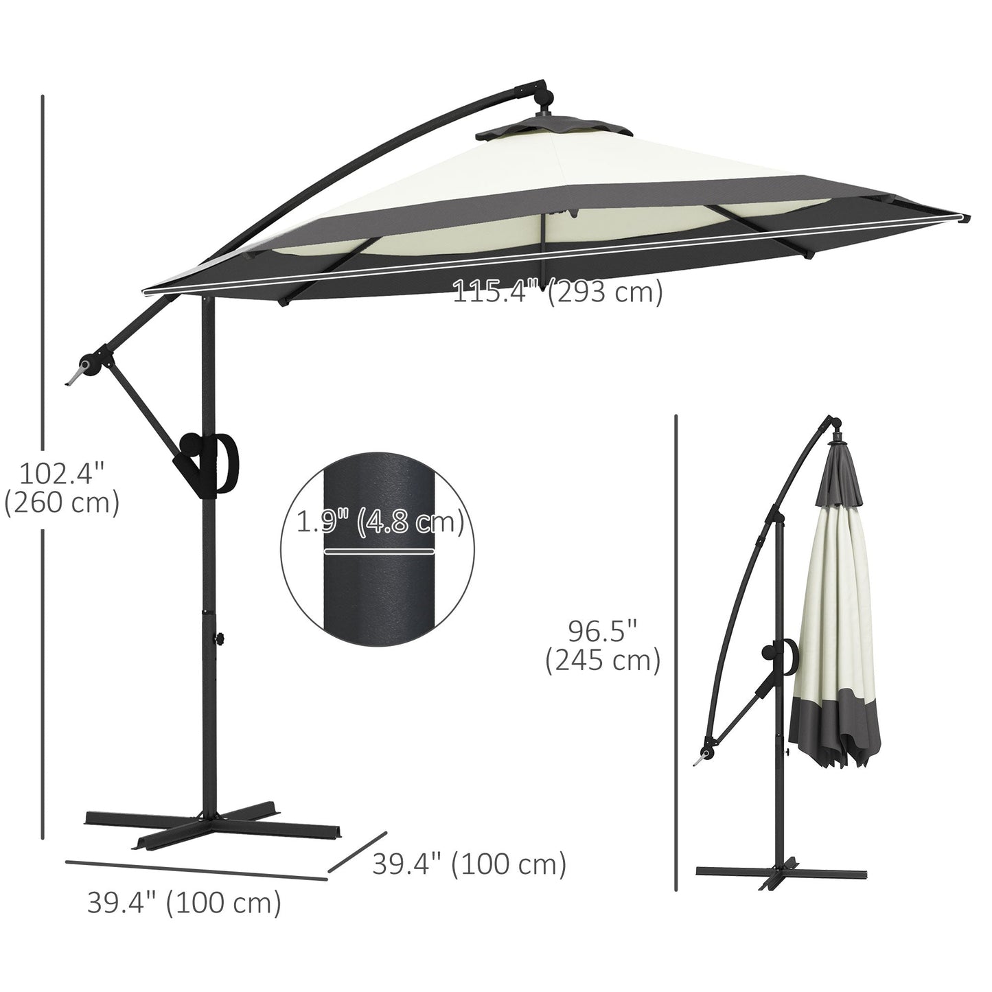 10 FT Cantilever Umbrella, Round Hanging Offset Umbrella with Crank, Tilt and Cross Base for Garden, Backyard, Grey Cantilever Umbrellas   at Gallery Canada