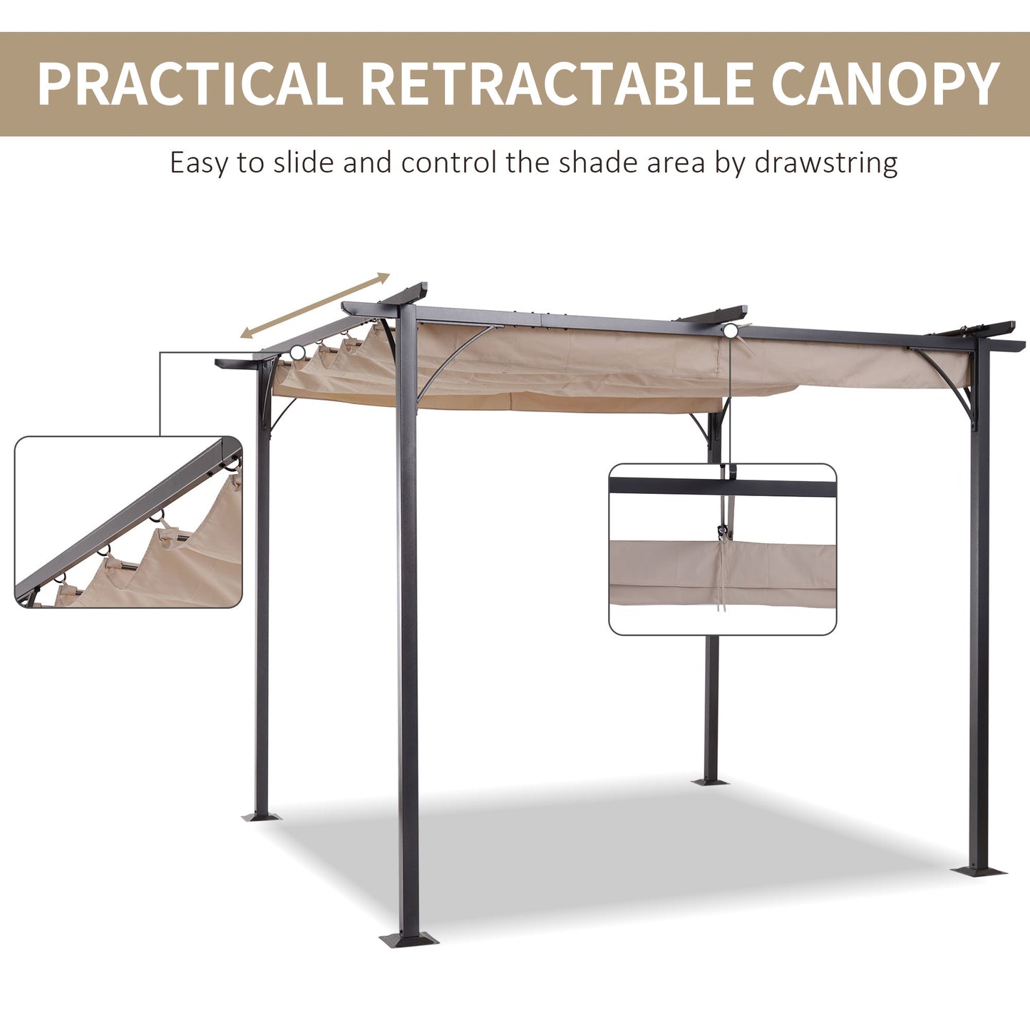 10' Outdoor Pergola Gazebo Garden Retractable Sun Shade Deck Lawn Covered Modern Square Canopy Backyard Patio BBQ Shelter Beige Pergolas   at Gallery Canada