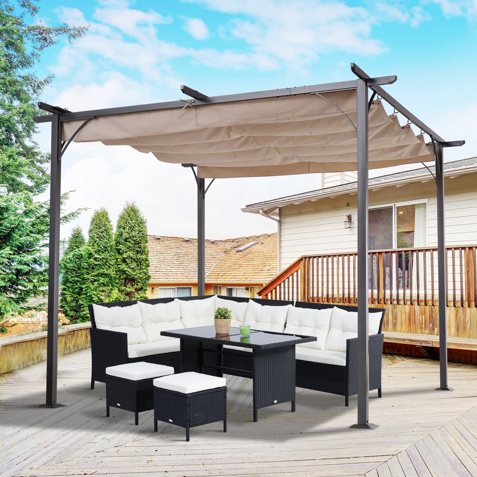 10' Outdoor Pergola Gazebo Garden Retractable Sun Shade Deck Lawn Covered Modern Square Canopy Backyard Patio BBQ Shelter Beige Pergolas   at Gallery Canada