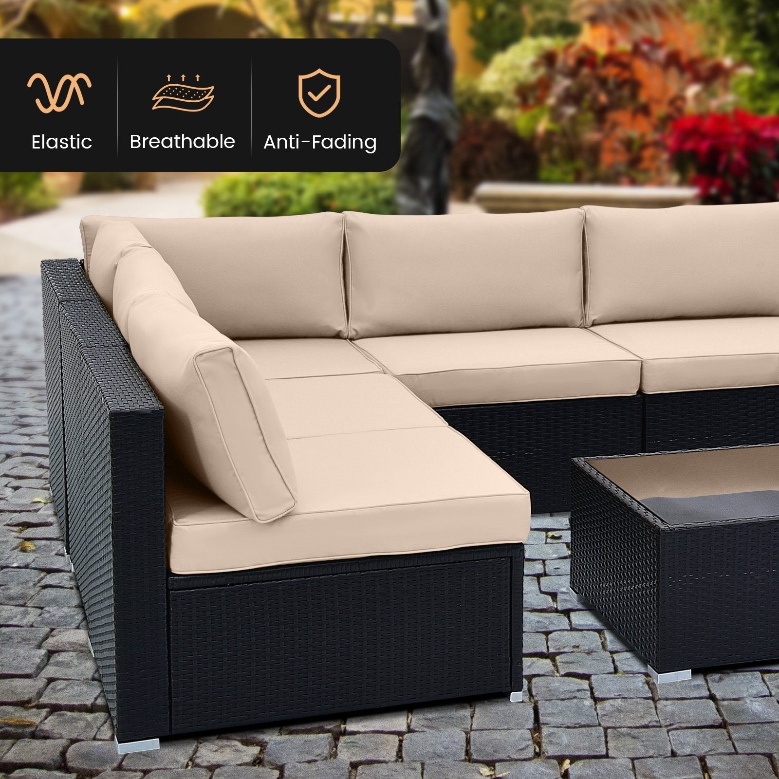 10 Piece Outdoor Wicker Conversation Set with Seat and Back Cushions, Beige Patio Conversation Sets   at Gallery Canada