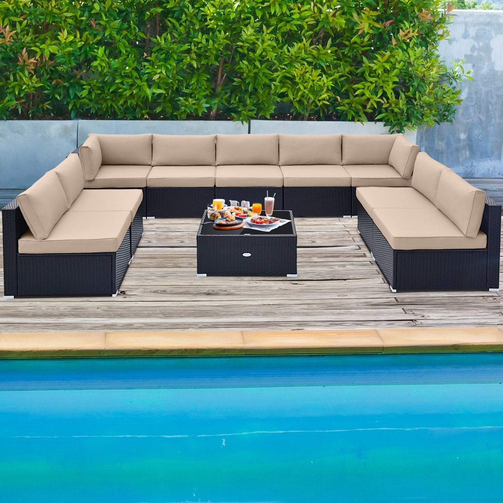 10 Piece Outdoor Wicker Conversation Set with Seat and Back Cushions, Beige Patio Conversation Sets   at Gallery Canada