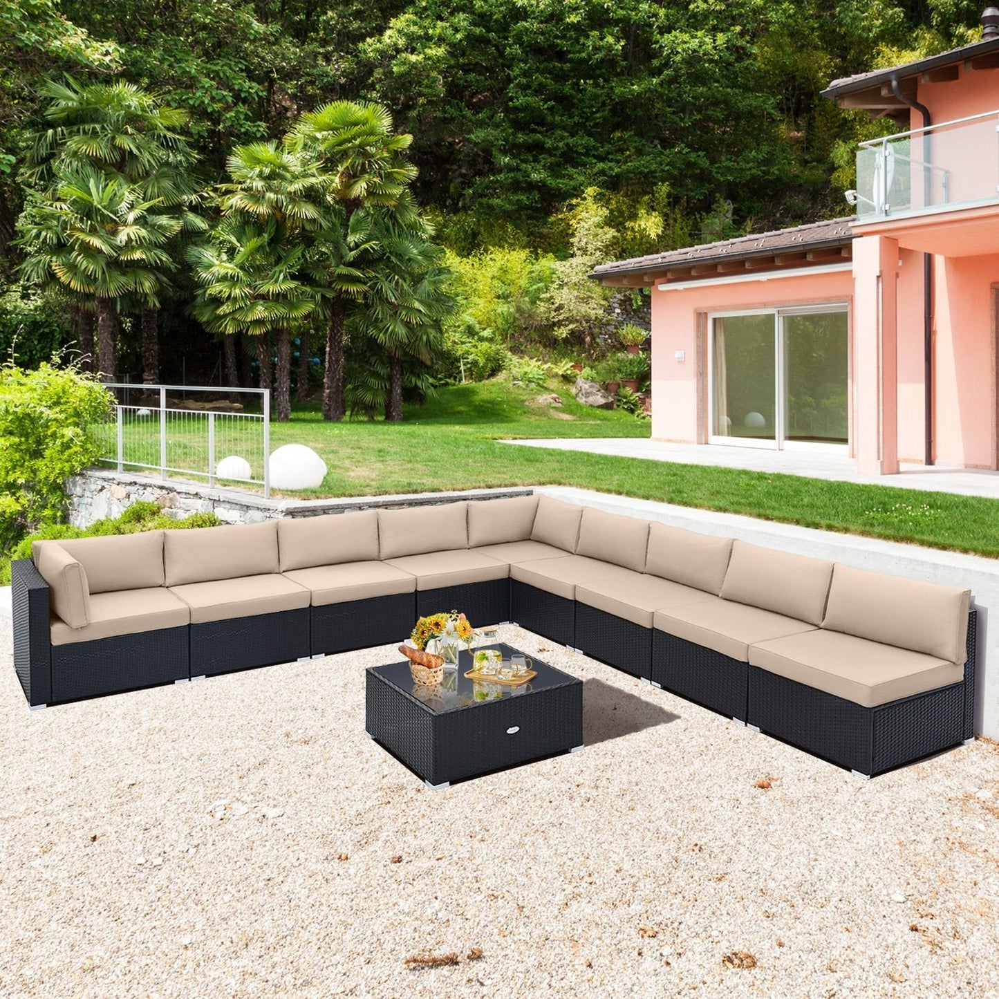 10 Piece Outdoor Wicker Conversation Set with Seat and Back Cushions, Beige Patio Conversation Sets   at Gallery Canada